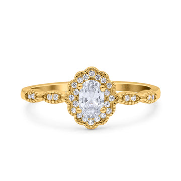 14K Yellow Gold Halo Art Deco Oval Bridal Simulated CZ Wedding Engagement Ring Size-7